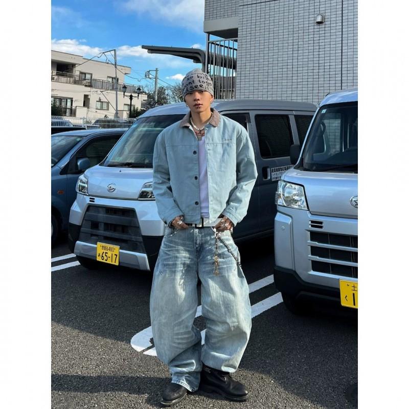 Mens Washed Color-Block Collar Utility Jacket Fall Loose Fit Streetwear Outerwear
