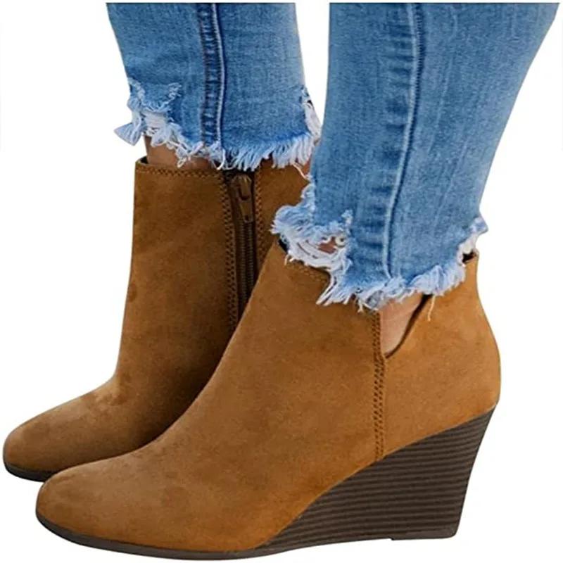 Fashion Women Boots Retro Suede Side Zipper Wedges Boot Leopard Design Casual Ankle Boots for Women High Heels Platform Boot Botas Mujer