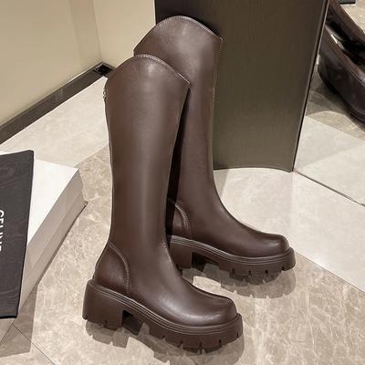 Женские сапоги-челси на высоком каблуке длиной до колена, зимние туфли на молнии 2024 года, дизайнерская классическая обувь на платформе из искусственной кожи, новые удобные женские ботинки