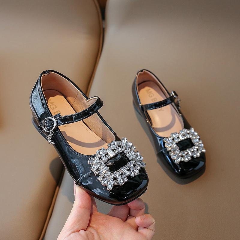 Korean Style Rhinestones Large Buckle Princess Shoes Shallow Mary Janes Hook & Loop Children's Fashion Party Wedding Shoes Flat
