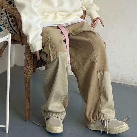 Autumn Cargo Pants Color Block Elastic Waist Drawstring Multi Pockets Patchwork Trousers for Sports
