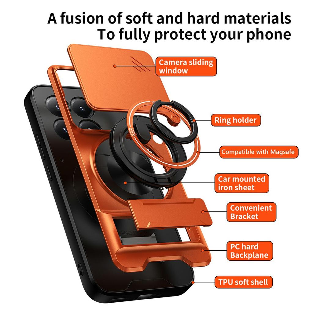 For Xiaomi 15T Magnetic Case Ring Holder Foldable Kickstand TPU PC Phone Cover with Camera Lens Slider