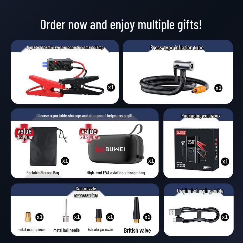 Car Emergency Power Supply & Tire Inflator with Built-in Backup Battery & Jumper Cables