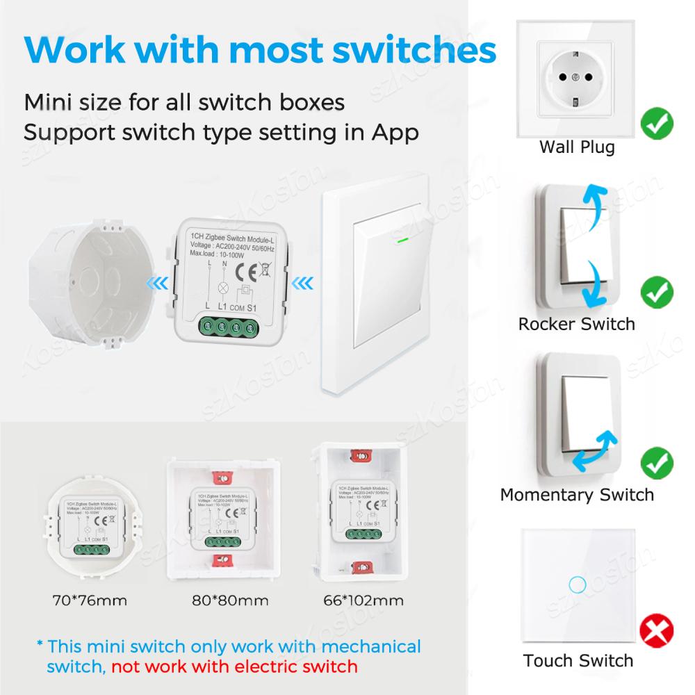 Tuya Zigbee Умный Мини-модуль переключателя Реле Без нейтрального провода 1 2 3 4 Клавиши Двухстороннее управление Работает с Alexa Google Home