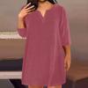 Женская мода большого размера с v-образным вырезом и семью рукавами, повседневные однотонные свободные платья с карманами