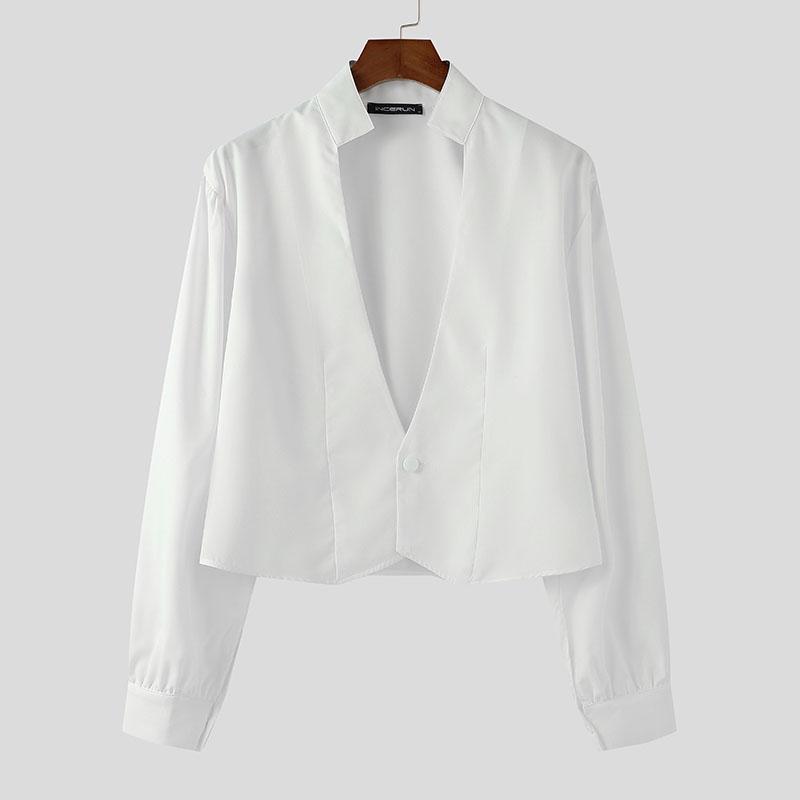 INCERUN Мужские повседневные короткие рубашки с глубоким V-образным вырезом и длинным рукавом и тонкой талией