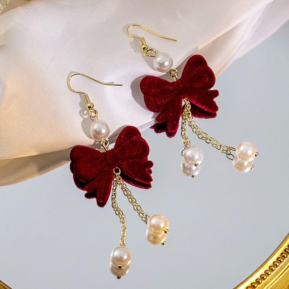 Zinc alloy Long Tassel Chain Flocking Bow Dangle Earrings NEW Earrings  New Year Gift