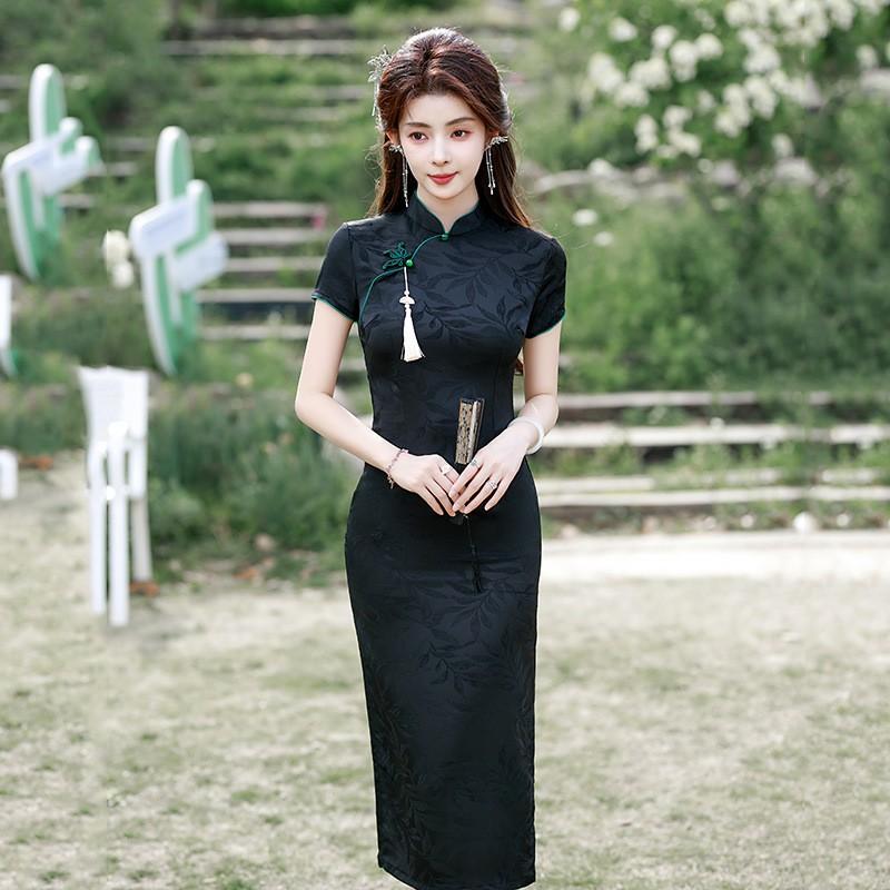 Pink Modern Chinese-Inspired Qipao Dress Women Short Sleeve Stand Collar Floral Jacquard Wearable Petite Girls