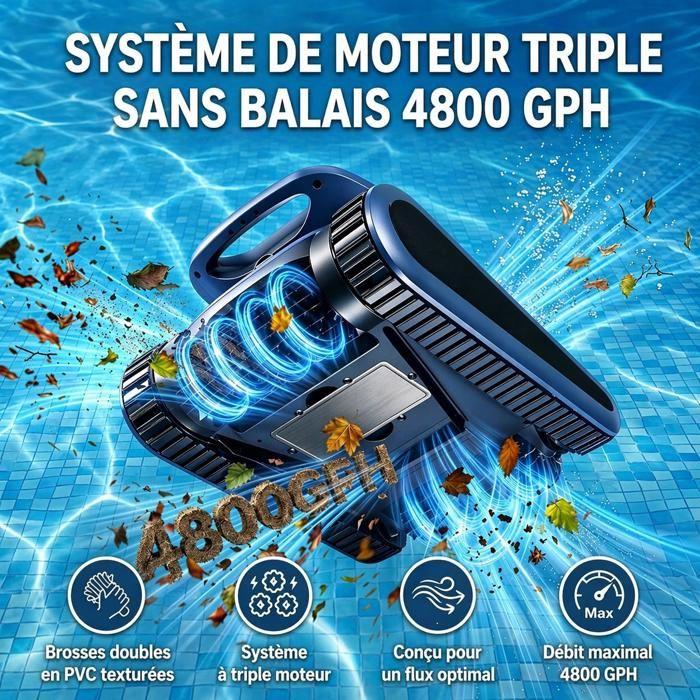 Robot Piscine sans Fil, 180Min&200m² d'Autonomie, Filtration Ultra-Fine, Nettoyage Sol/Parois/Ligne d’eau, Contrôle Via App