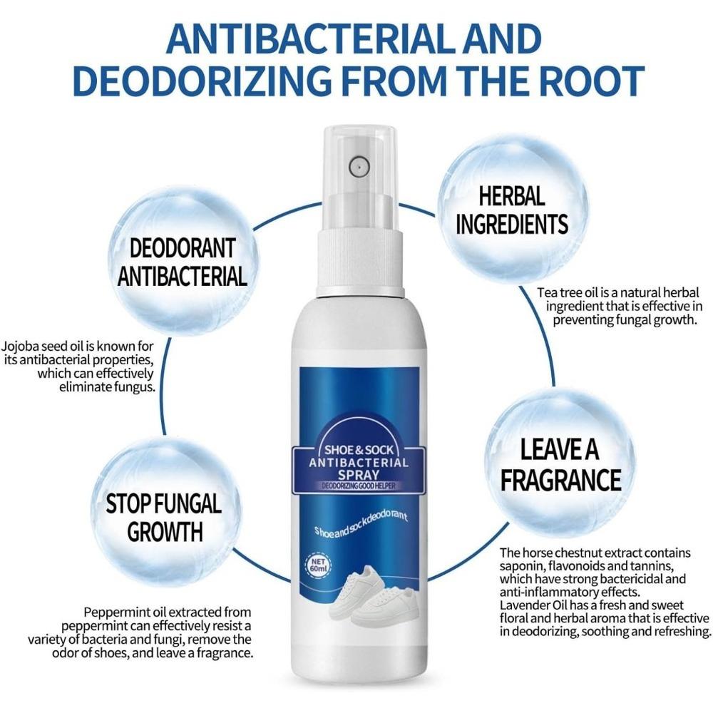 Antibacterial Shoe Spray 60ml,Foot Odor Eliminator, Sock & Shoe Freshener, Antiperspirant for Foot Health