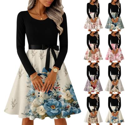 Женские повседневные модные платья с круглым вырезом, длинным рукавом, рождественским принтом, для вечеринки, винтажные длинные платья