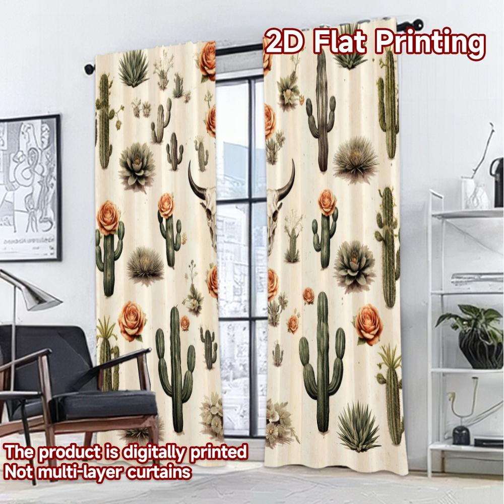 2D FLAT PRINTING 2pcs Curtains (Without Rod) Western Cacti and Roses Creative Chic Curtains Versatile Durable Polyester Curtains