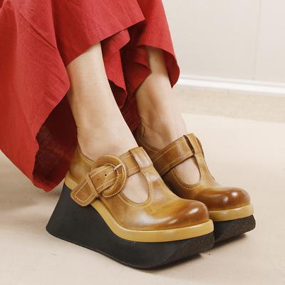 Модные туфли-лодочки GKTINOO 2025 Весна Новая коллекция Ретро Туфли на толстой подошве и танкетке с Т-образной пряжкой Женская обувь высокого класса из натуральной кожи