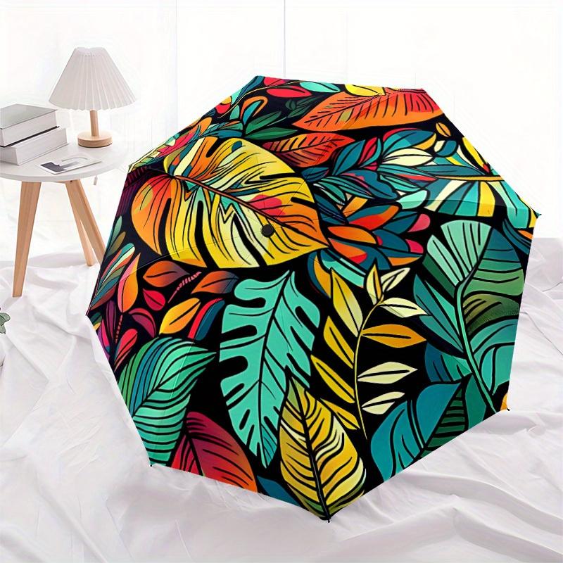 1pc Tropical Leaves Auto Open/Close Umbrella with One-Touch Button, Compact Folding Canopy, Sturdy 8-Rib Windproof Design -104