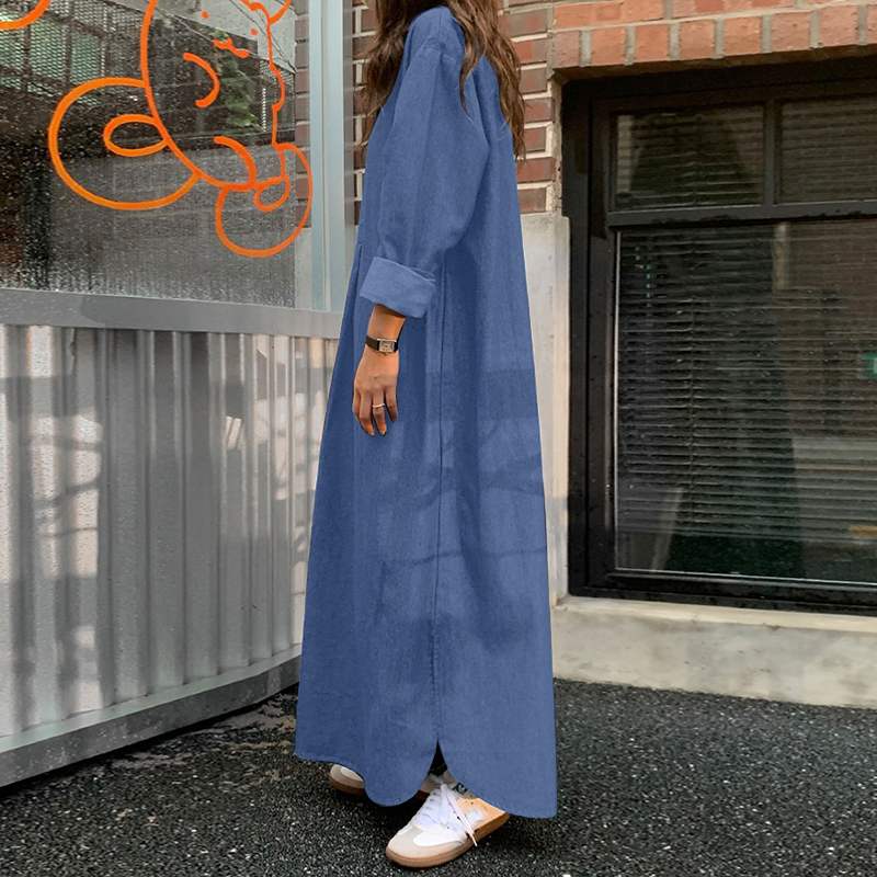Элегантный модный женский стиль одежды нейтральный стиль длинный рукав кардиган с лацканами однотонные длинные джинсовые повседневные платья