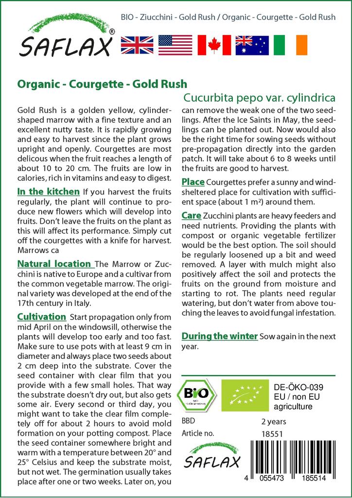 SAFLAX Garden in the Bag - Органический - Кабачок - Золотая лихорадка - 5 семян - С субстратом в подходящем стоячем пакете - Cucurbita pepo