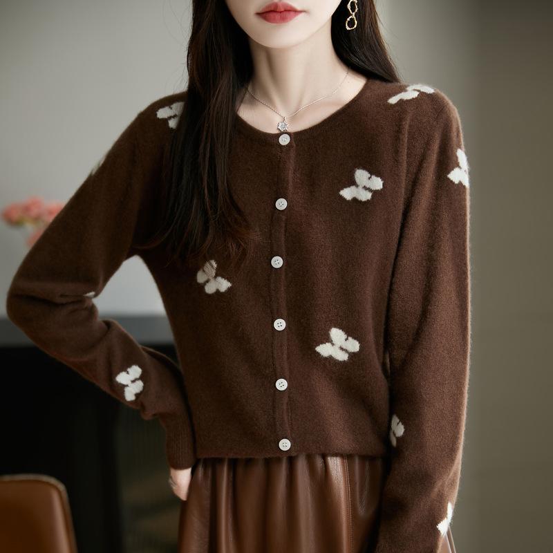 2025 Stylish Bow Jacquard Wool Knit Cardigan - Round Neck, Single-Breasted Thin Sweater Coat