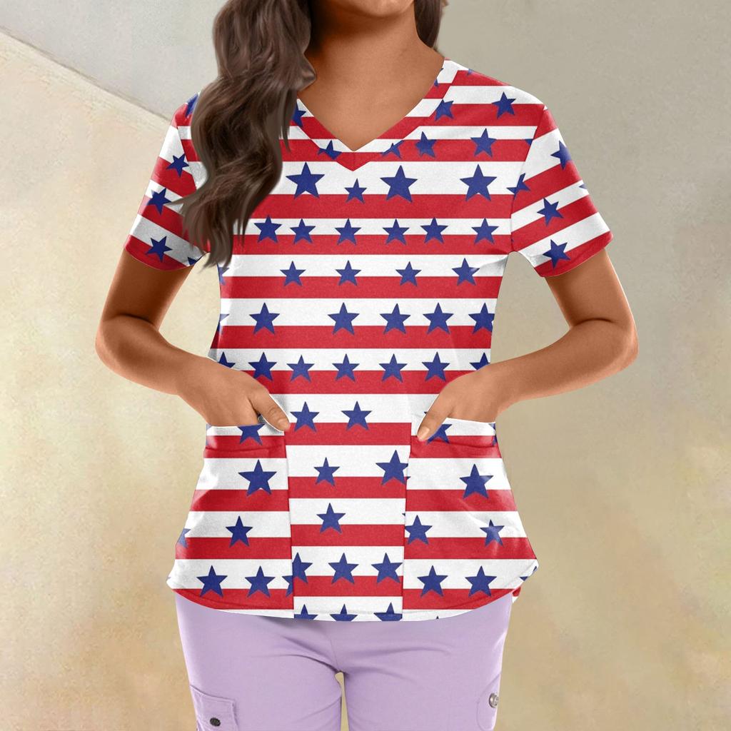 Plus Size Printed Scrub Working Uniform Tops For Women's Cross V Neck Independence Day Print Short Sleeve Fun T-Shirts Workwear Tee With Pockets
