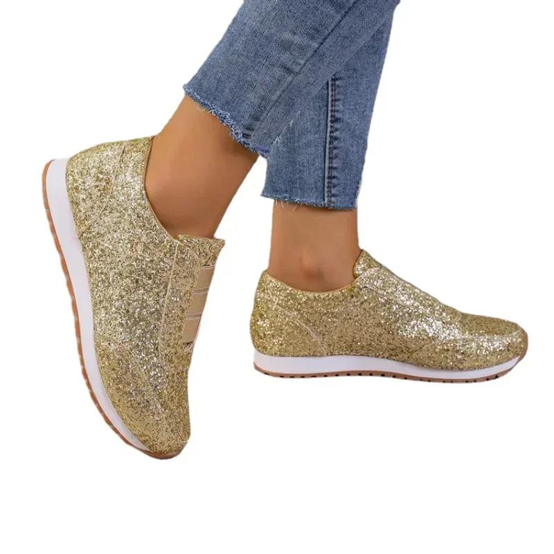 Женская обувь для ходьбы Модные осенние туфли-лоферы с блестками для бега на парусиновой подошве Кроссовки на мелкой платформе Zapatillas Mujer Кроссовки для активного отдыха