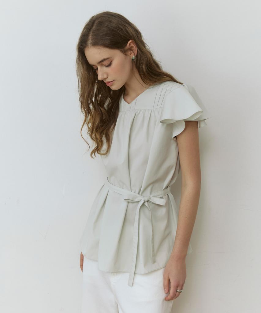 ADAUL Pixie Ruffle Wing Belted Blouse - Ash Khaki