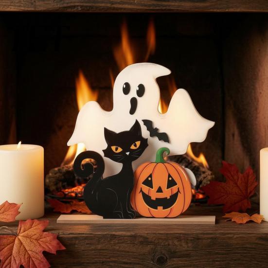 Wooden Tiered Tray Decor Halloween Table Decor, Black Cat Ghost Pumpkin Decorations Indoor Cute Dark Theme Party Ornaments Gifts, Room for Tables