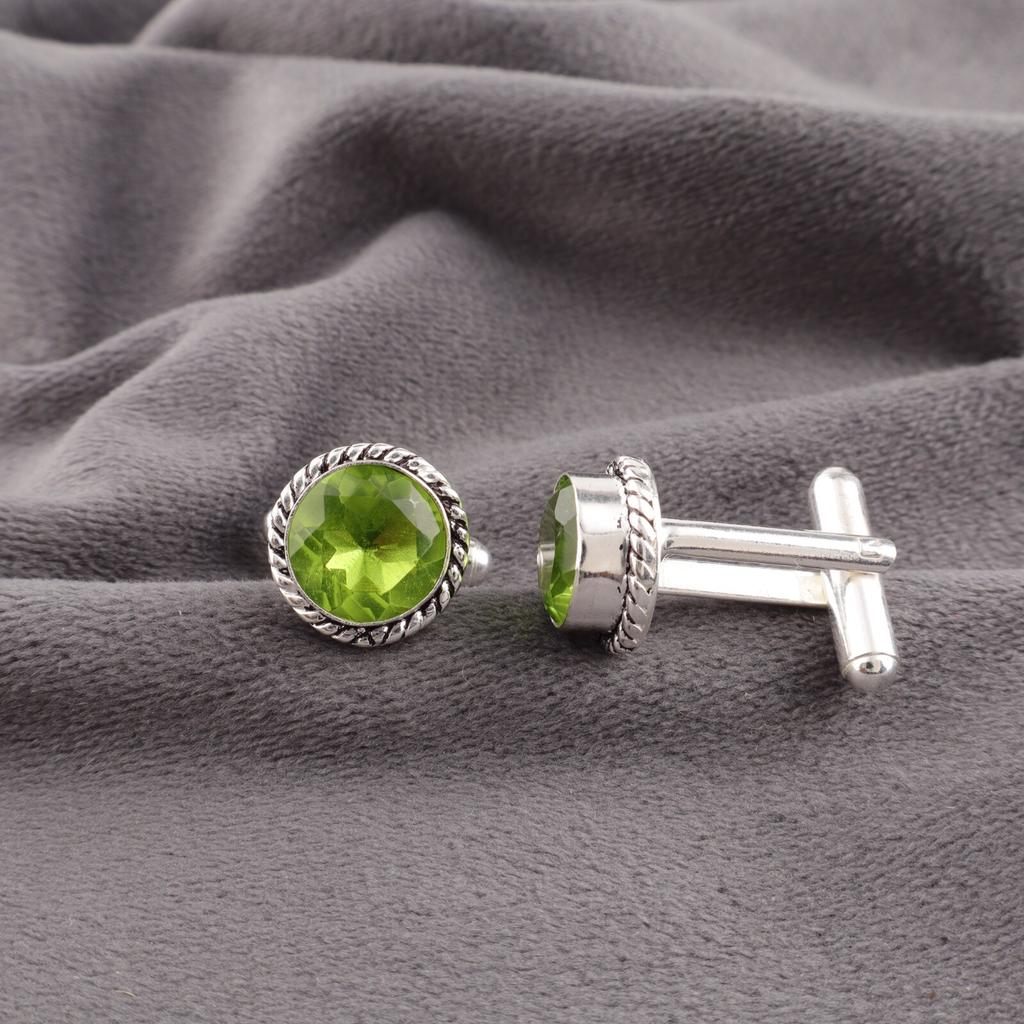 Серебро 925 пробы Перидот Драгоценный камень Ювелирные изделия ручной работы Запонки 0,51" Для мужчин CL-3-1