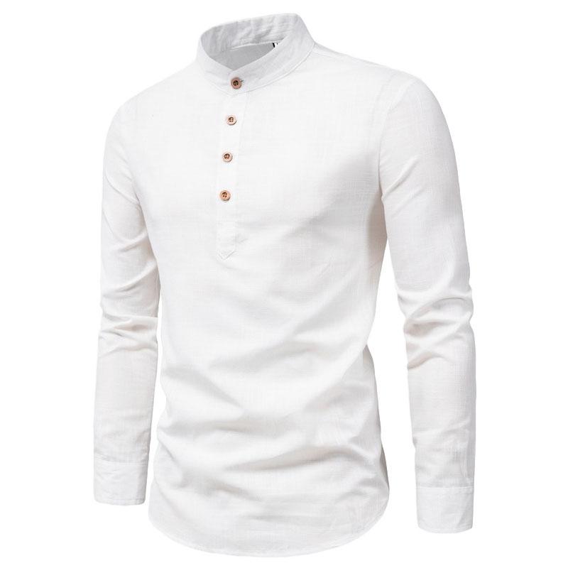 Linen Men Shirt Casual Slim Business T-shirts Half Button Pullover Long Sleeve Thin Top Solid Color Stretch Undies Men Clothing