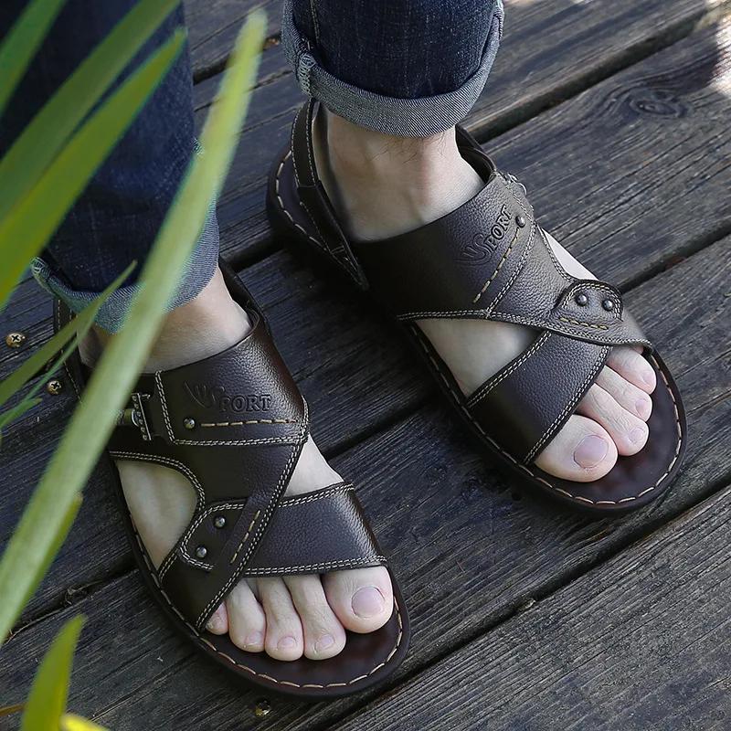 Men's Summer New Sandals Men's Leather Sandals Adult Thick-soled Beach Shoes Non-slip Open-toed Sandals Men's Slippers Outdoor