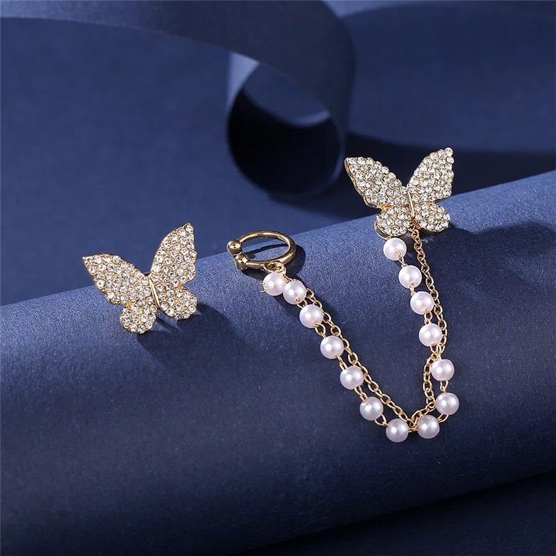 2PCS Fashion Zircon Butterfly Earrings for Women Sweet Girls Chain Asymmetrical Stud Earrings Luxury Jewelry Party Gifts