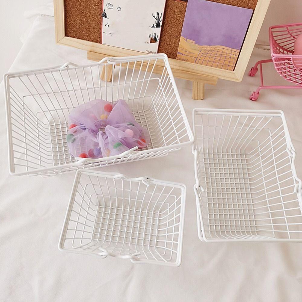 Hollow Mini Storage Basket Metal Desktop Stationery Holder Toy Trolley Container Girls