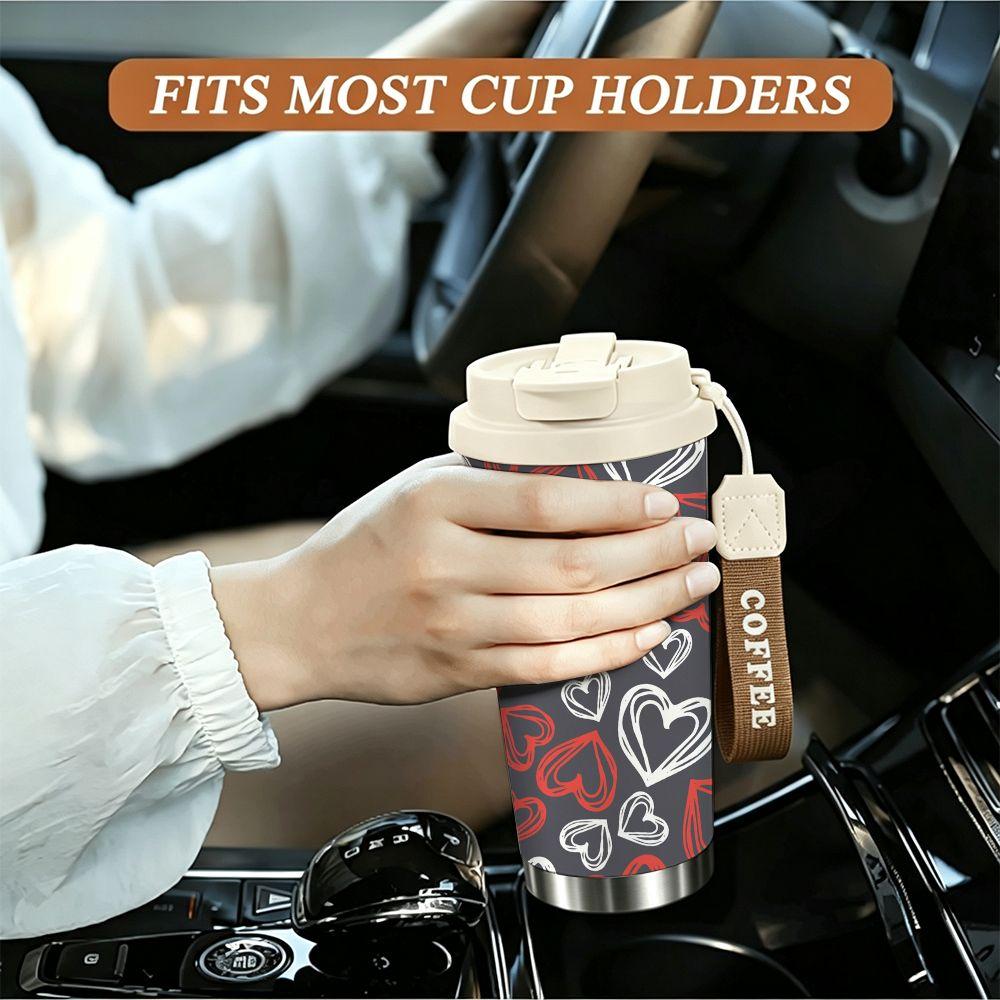 Cute Hand-Drawn Heart Pattern Insulated Coffee Tumbler Double Walled Vacuum Stainless Steel Travel Mug Gift for Her Birthday Wedding Anniversary