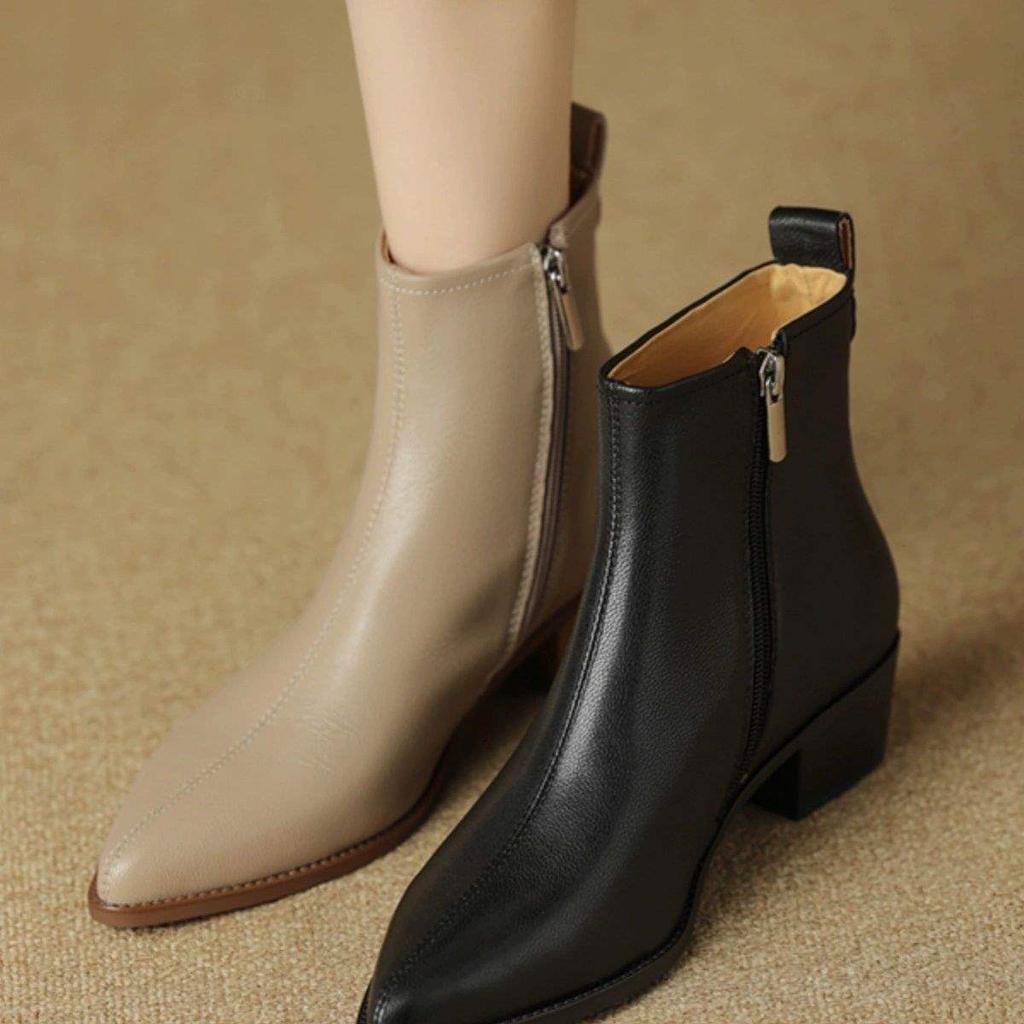 Soft Leather Pointed Short Boots Women's French Retro Autumn and Winter New Soft Leather Bare Boots Low Thick Heel Single Boots Winter High Heels Wome