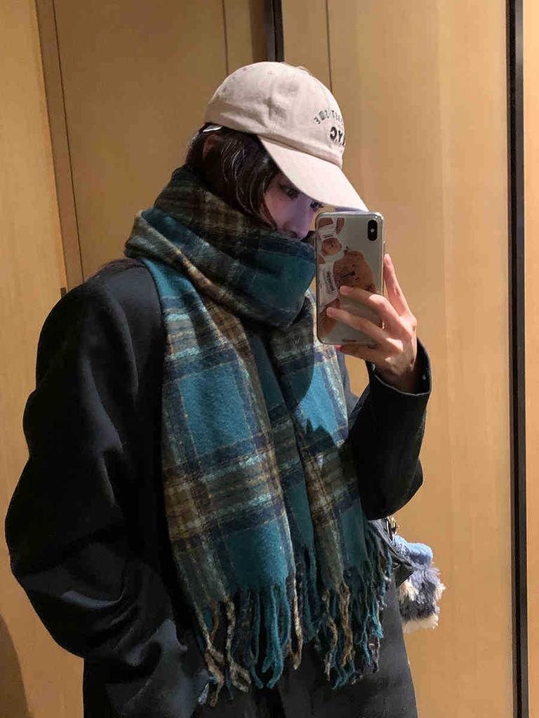 Premium Contrasting Color Plaid Fringed Scarf Couple Scarf Warm And Windproof Long Shawl Women