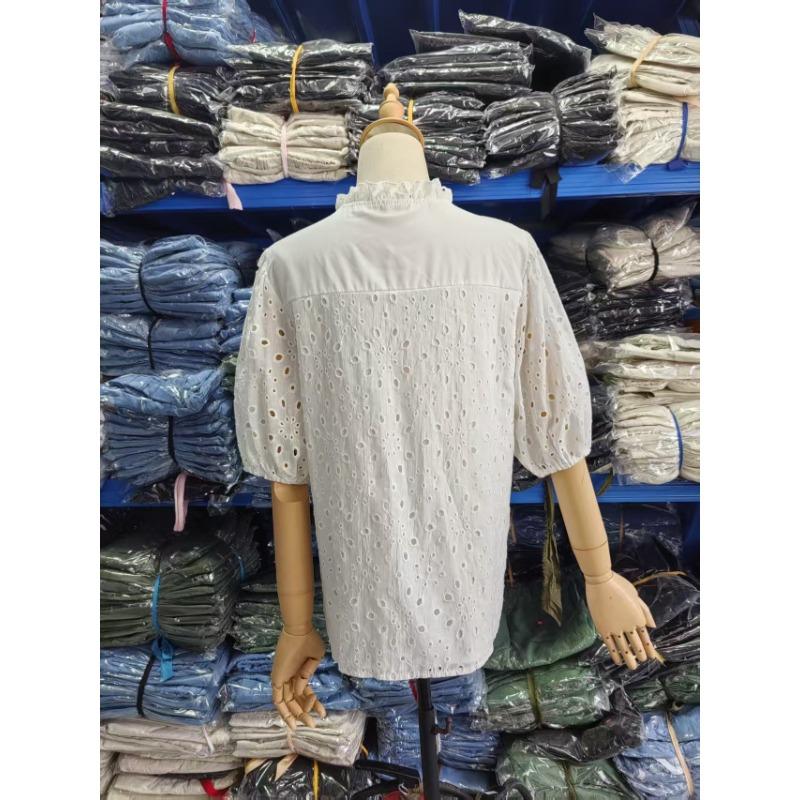 Womens Summer V Neck Lantern Sleeve Hollow Out Lace Embroidered Casual Blouse
