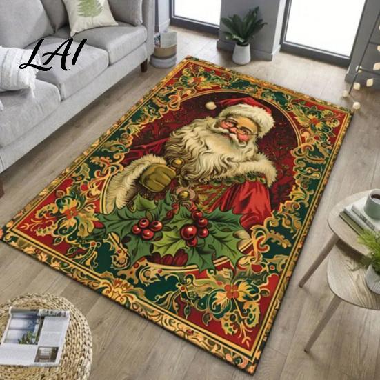 Indoor Non Slip Rug Christmas Area Rug Retro Living Room Anti-Slip Festive Skid for Laminate Carpet Plush Home Entrance Bedroom Bathroom Durable