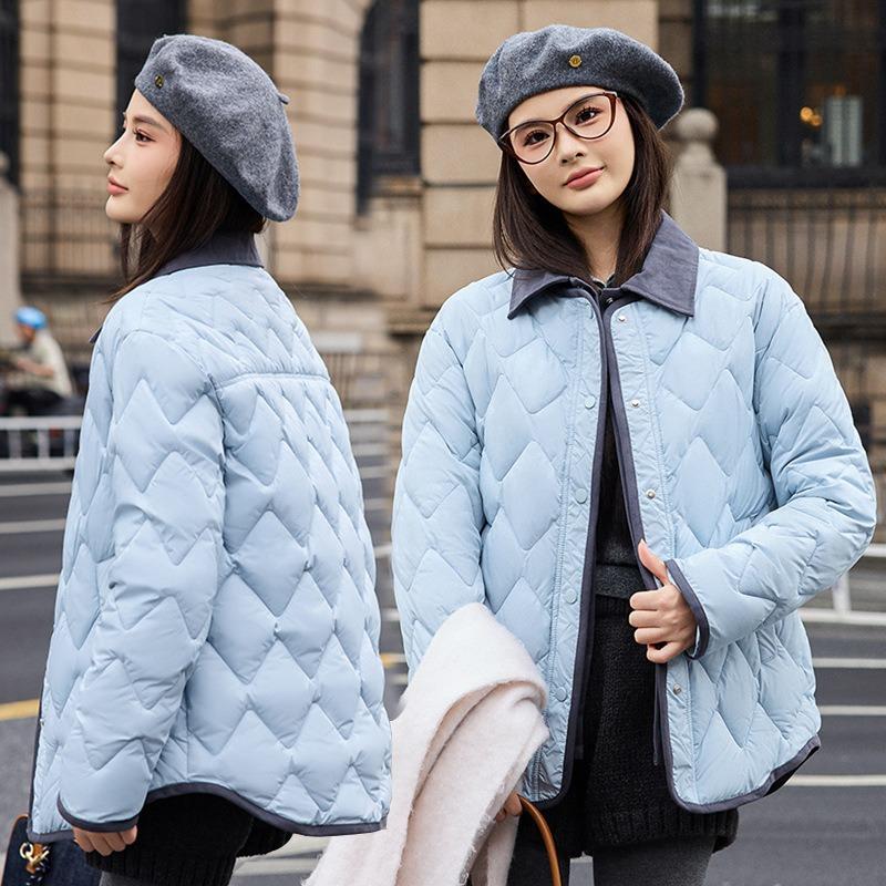 Новая короткая пуховая хлопковая куртка женская контрастных цветов с лацканами и ромбовидной стежкой, легкая и свободная хлопковая куртка