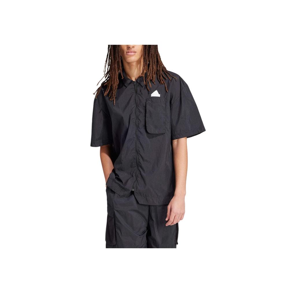 Adidas Logo Embroidered Zip-Up Short Sleeve Shirt Men Tops Black IR5188