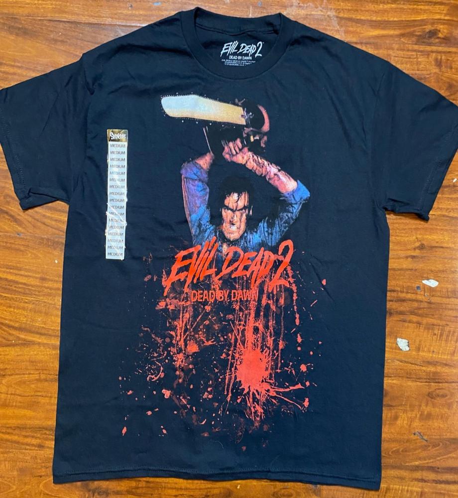EVIL DEAD 2 "Dead By Dawn" CHAINSAW Large Print Ripple Junction Graphic Tee-NWT Unisex T-Shirt
