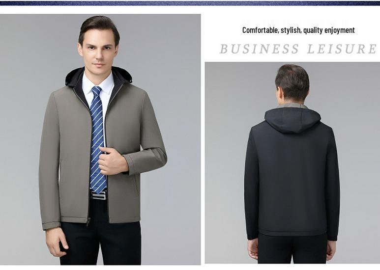 Мужская двусторонняя куртка с капюшоном 2026 - Весна/Осень, Business Casual, Большой размер, Для среднего возраста