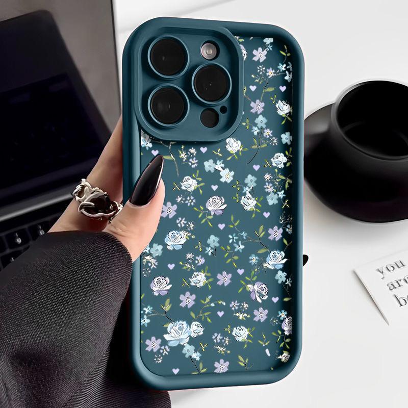 Синий матовый чехол для телефона с цветочным узором для iPhone 16 Pro Max 15 Pro 14 13 12 11 XS XR 8 7 защита линз TPU противоударный мягкий силиконовый бампер чехол