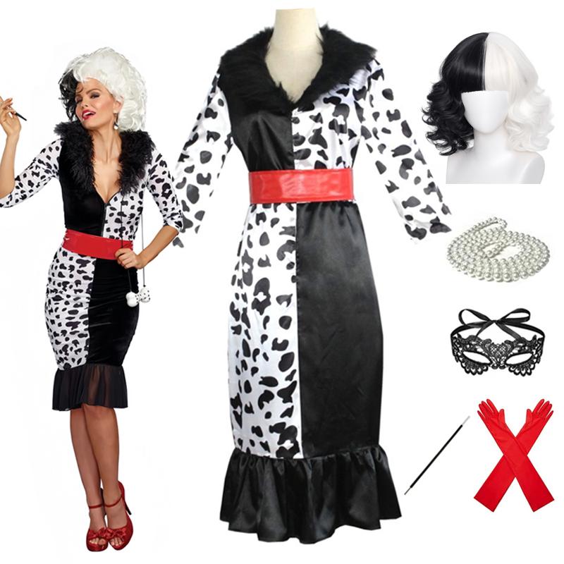 Cruella De Vil Cosplay Costume Women's Dalmatian Black and White Costume Dress With Gloves Skirt Wigs Outfits Halloween Party