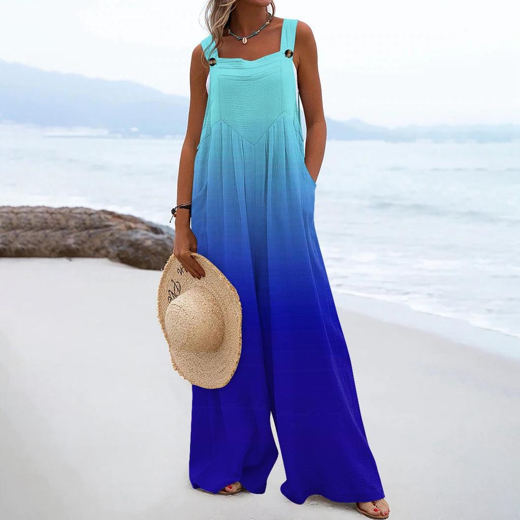 Женские комбинезоны, повседневные комбинезоны с широкими штанинами и принтом, комбинезоны без рукавов с карманами, наряды