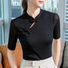 Mesh Short-sleeved T-shirt for Women's New Temperament, Versatile Slim Design, Stand-up Collar Button, Chinese Style Mid-sleeved Top