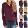 Women's Fashionable Solid Color Round Neck Button Long Sleeved Loose T-shirt Top