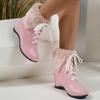 Women's Thermal Boots Inner Heightening Lace-up Plush-lined Short Boots Sweet Pink Winter Low-heeled Fur Shoes