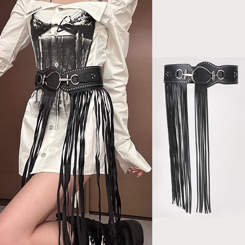 American Punk Style Tassel Leather Belt Metal Rivet Decoration Wide Waist Belt