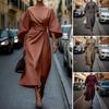 Women Dress Slim Waist Solid Color Dolman Sleeves Midi Dress Calf Length