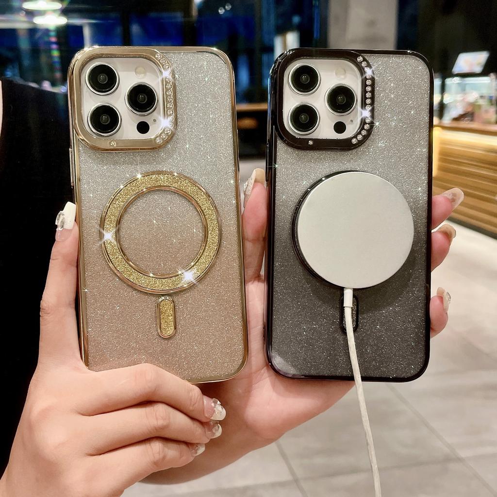 Подходит для IPhone16Pro Гальванизированный Водяной Бриллиант Чехол для Телефона, Apple 15 Инкрустированный Бриллиантами Блестящий 14 Магнитная Зарядка Защитный Чехол