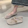 Stylish Mesh Rhinestone Catwalk Shoes Round Head Mary Jane Shoes Breathable Flat Ballet Single Shoes Women's Summer