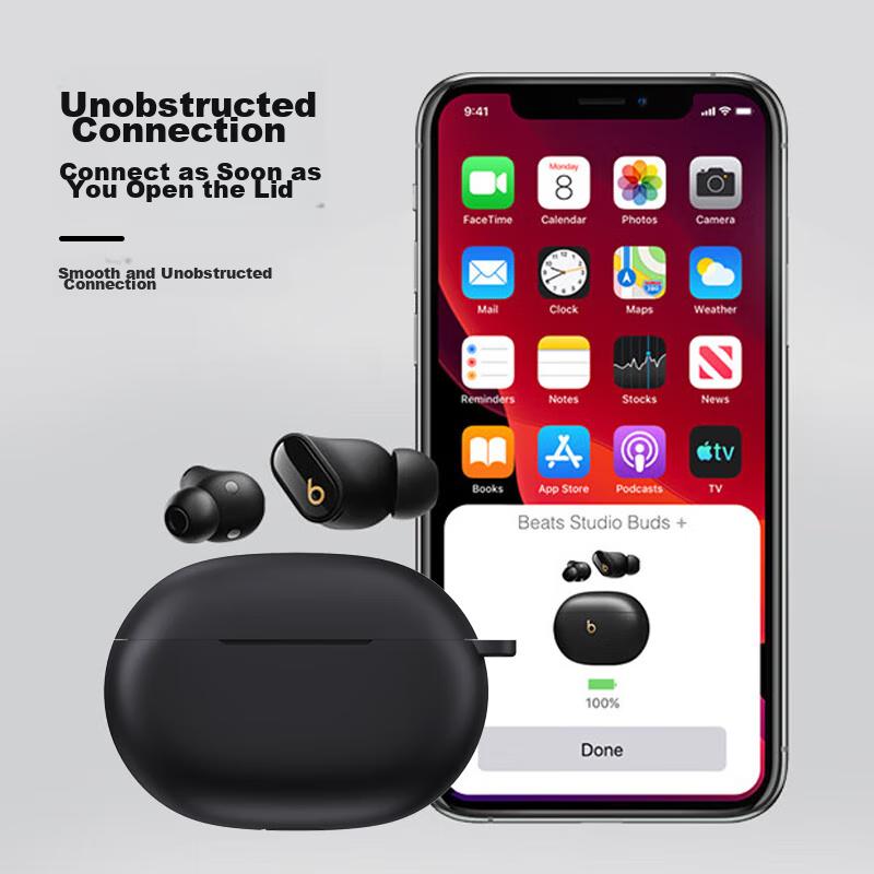 Case for Beats Studio Buds, Buds+ Bluetooth Earphones, Silicone Storage Box, Soft Shell, Shockproof, Ultra-Thin Case, Lustrous Black + Lanyard